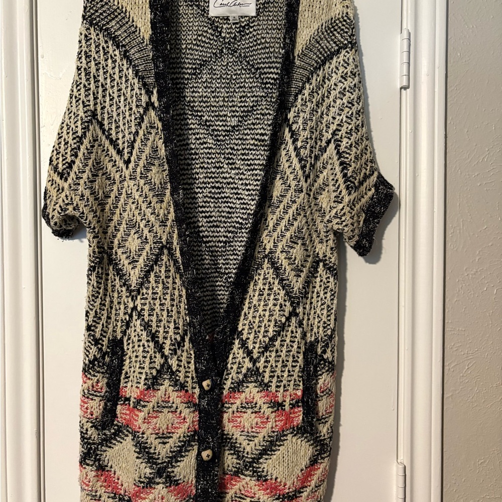 Carol Anderson Black and Cream Cardigan with Geometric Pattern